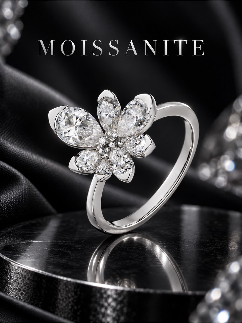 D Color VVS1 Moissanite Floral Ring S925 Sterling Silver
